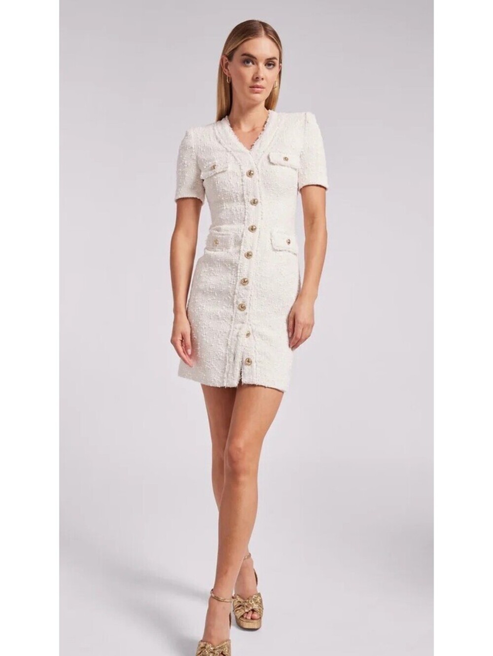 Generation Love Anne Tweed Dress White Sequin‎ Button Mini Bodycon Sheath XXS